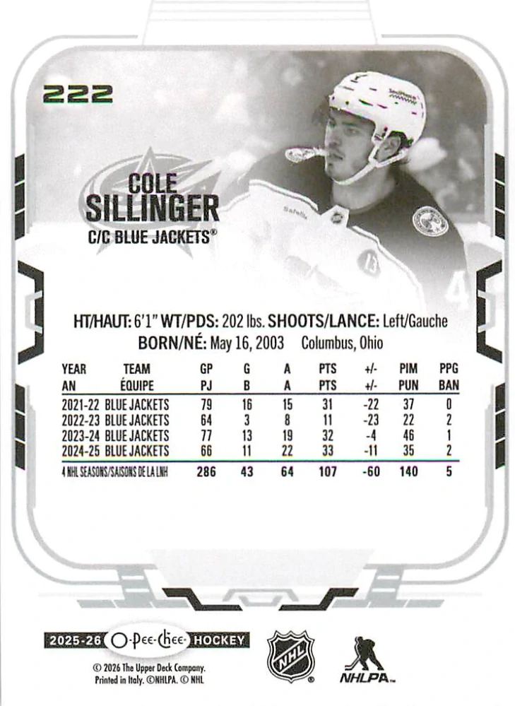2025-26 UD O-Pee-Chee - Cole Sillinger #222