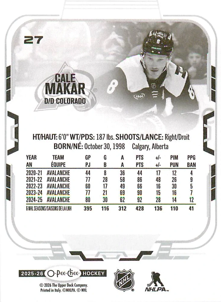 2025-26 UD O-Pee-Chee - Cale Makar #27