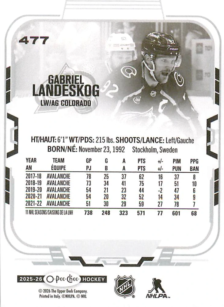 2025-26 UD O-Pee-Chee - Gabriel Landeskog #477