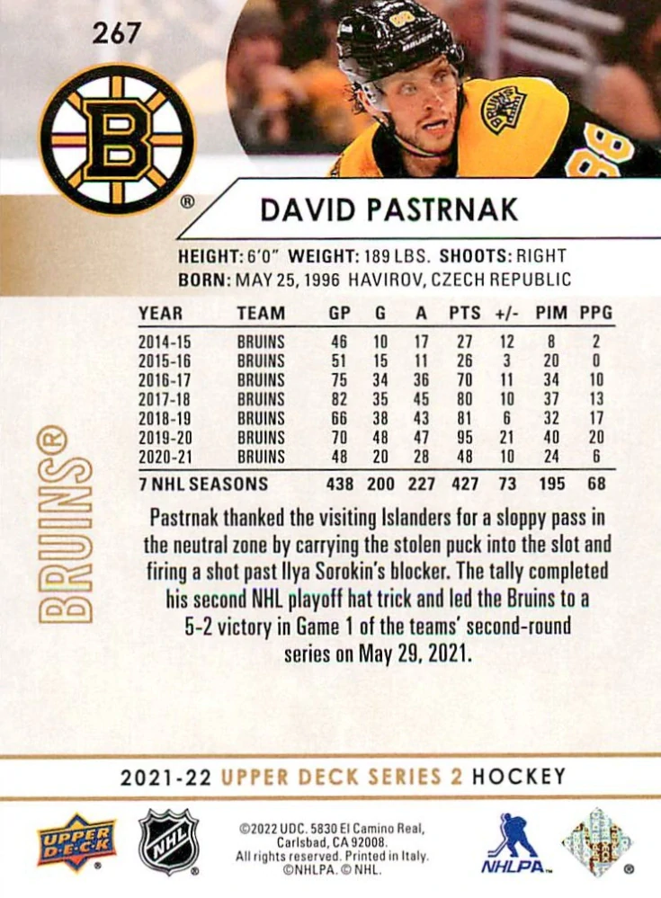 2021-22 UD Series 2 - David Pastrňák - Silver Foil #267