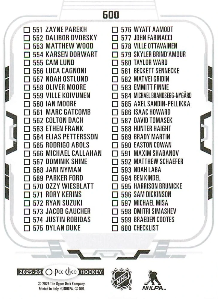 2025-26 UD O-Pee-Chee - Checklist 501-600 #600