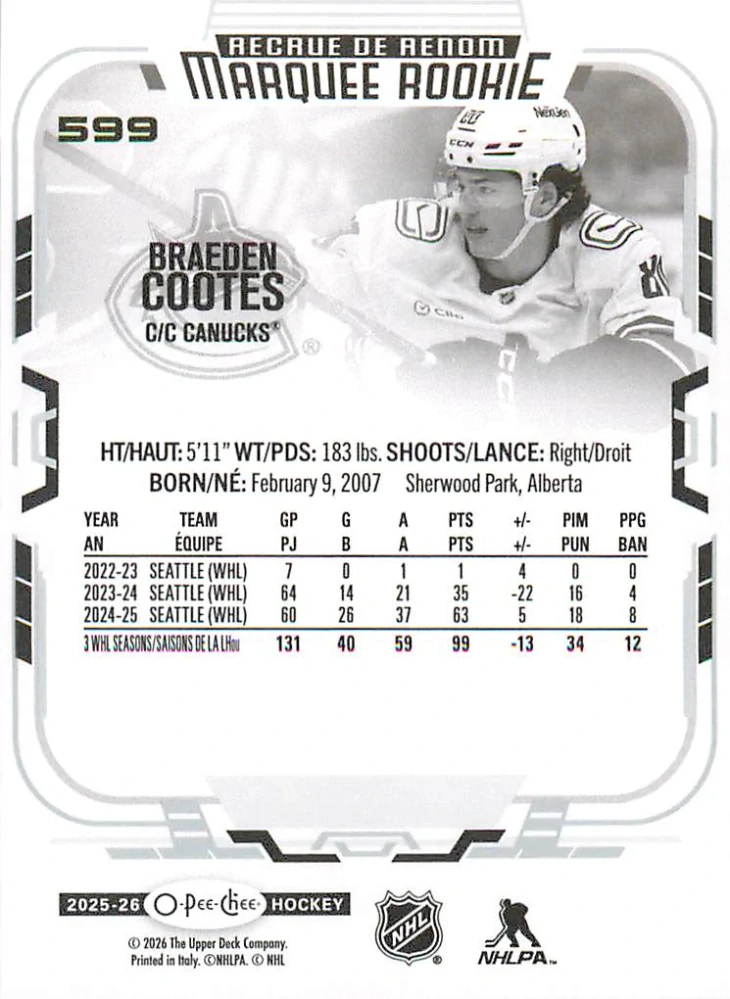 2025-26 UD O-Pee-Chee - Braeden Cootes - Marquee Rookie #599