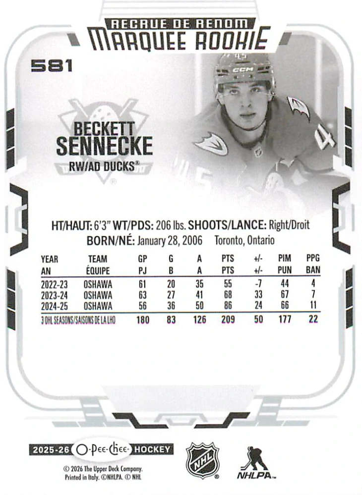 2025-26 UD O-Pee-Chee - Beckett Sennecke - Marquee Rookie #581