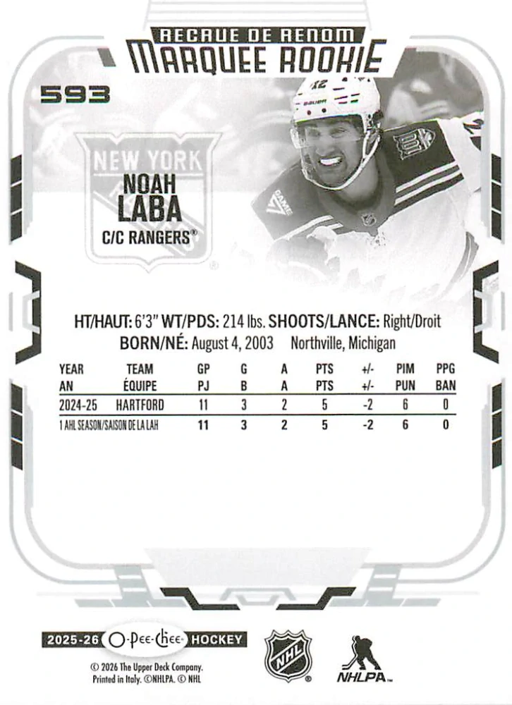 2025-26 UD O-Pee-Chee - Noah Laba - Marquee Rookie #593