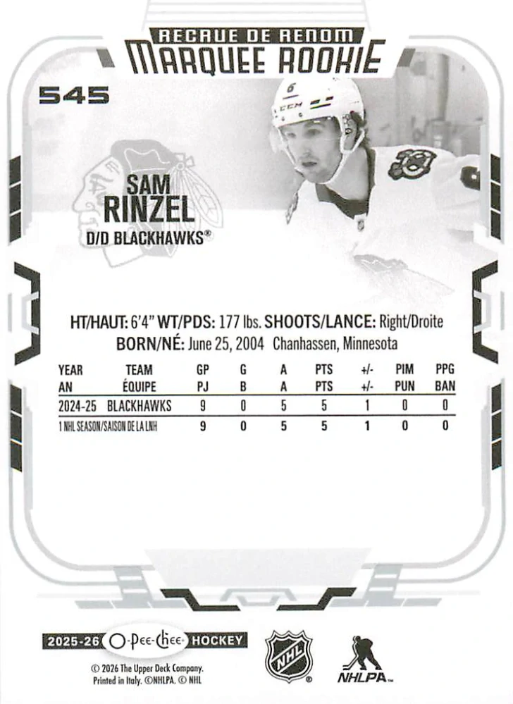 2025-26 UD O-Pee-Chee - Sam Rinzel - Marquee Rookie #545