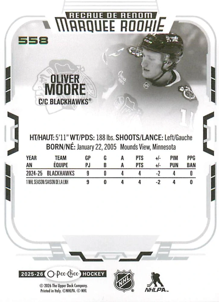 2025-26 UD O-Pee-Chee - Oliver Moore - Marquee Rookie #558