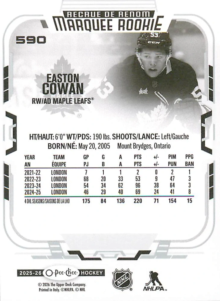 2025-26 UD O-Pee-Chee - Easton Cowan - Marquee Rookie #590