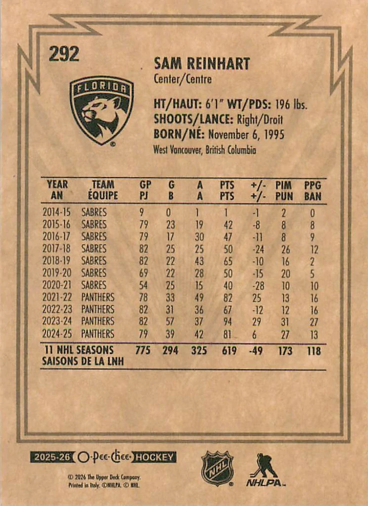 2025-26 UD O-Pee-Chee - Sam Reinhart - Retro #292