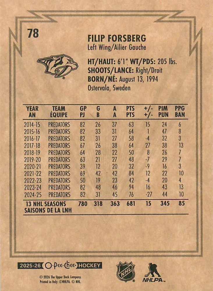 2025-26 UD O-Pee-Chee - Filip Forsberg - Retro #78