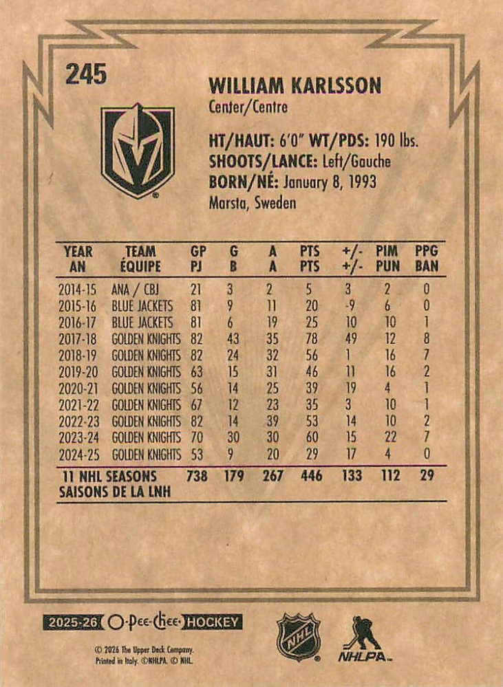 2025-26 UD O-Pee-Chee - William Karlsson - Retro #245