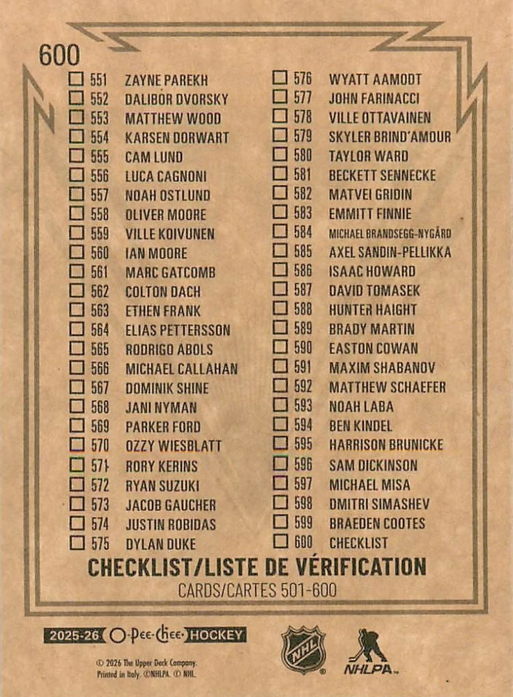 2025-26 UD O-Pee-Chee - Checklist 501-600 - Retro #600