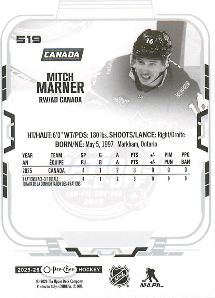 2025-26 UD O-Pee-Chee - Mitch Marner - 4 Nations Face Off #519