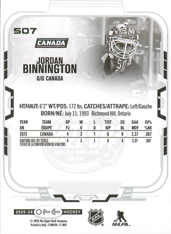 2025-26 UD O-Pee-Chee - Jordan Binnington - 4 Nations Face Off #507