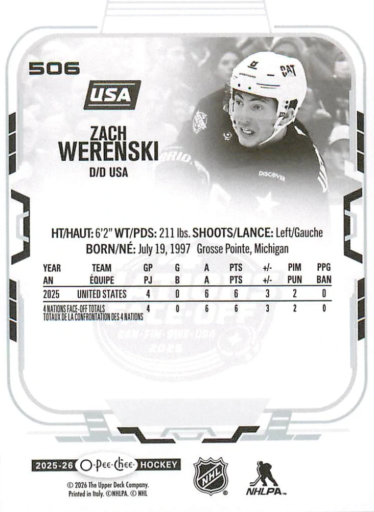 2025-26 UD O-Pee-Chee - Zach Werenski - 4 Nations Face Off #506