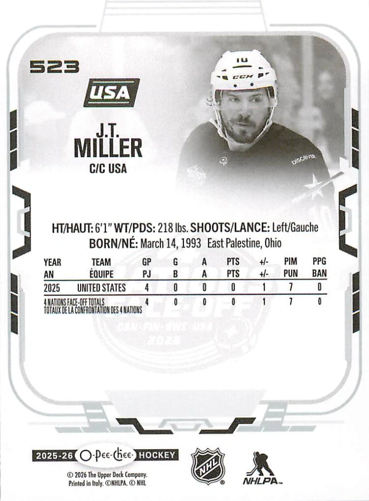 2025-26 UD O-Pee-Chee - J.T. Miller - 4 Nations Face Off #523