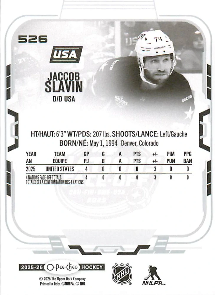 2025-26 UD O-Pee-Chee - Jaccob Slavin - 4 Nations Face Off #526