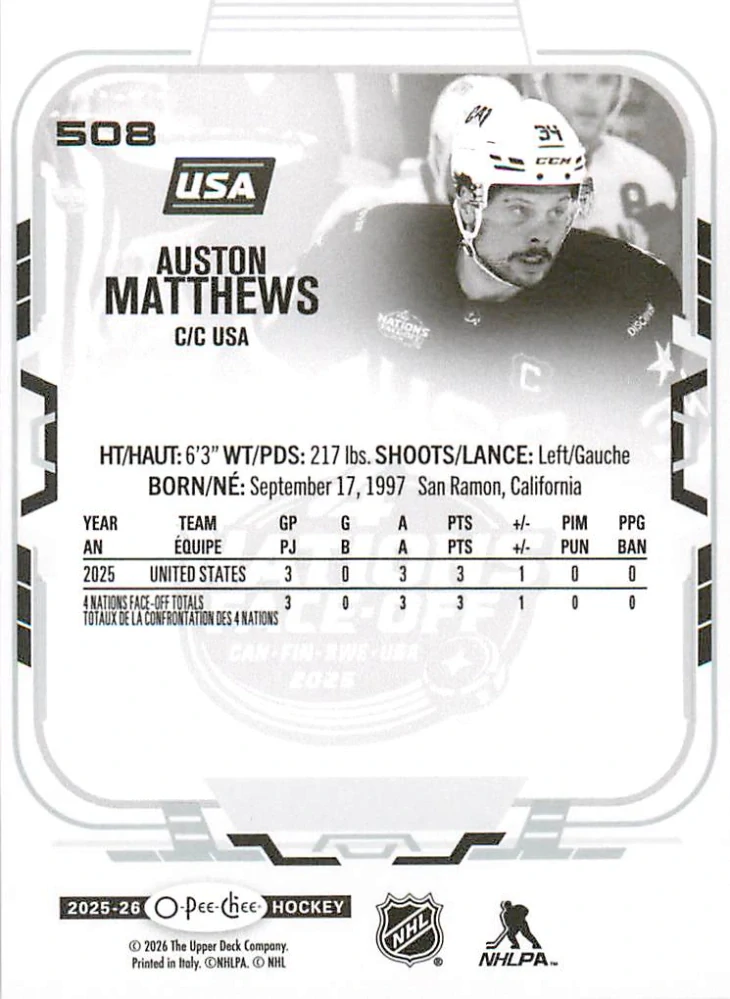 2025-26 UD O-Pee-Chee - Auston Matthews - 4 Nations Face Off #508