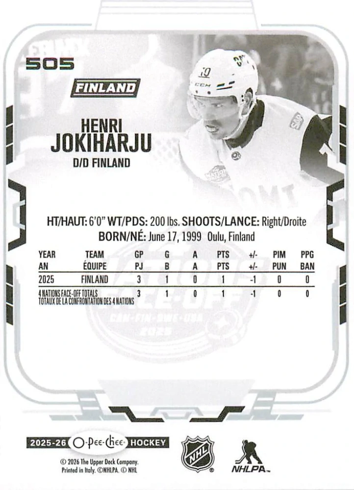 2025-26 UD O-Pee-Chee - Henri Jokiharju - 4 Nations Face Off #505