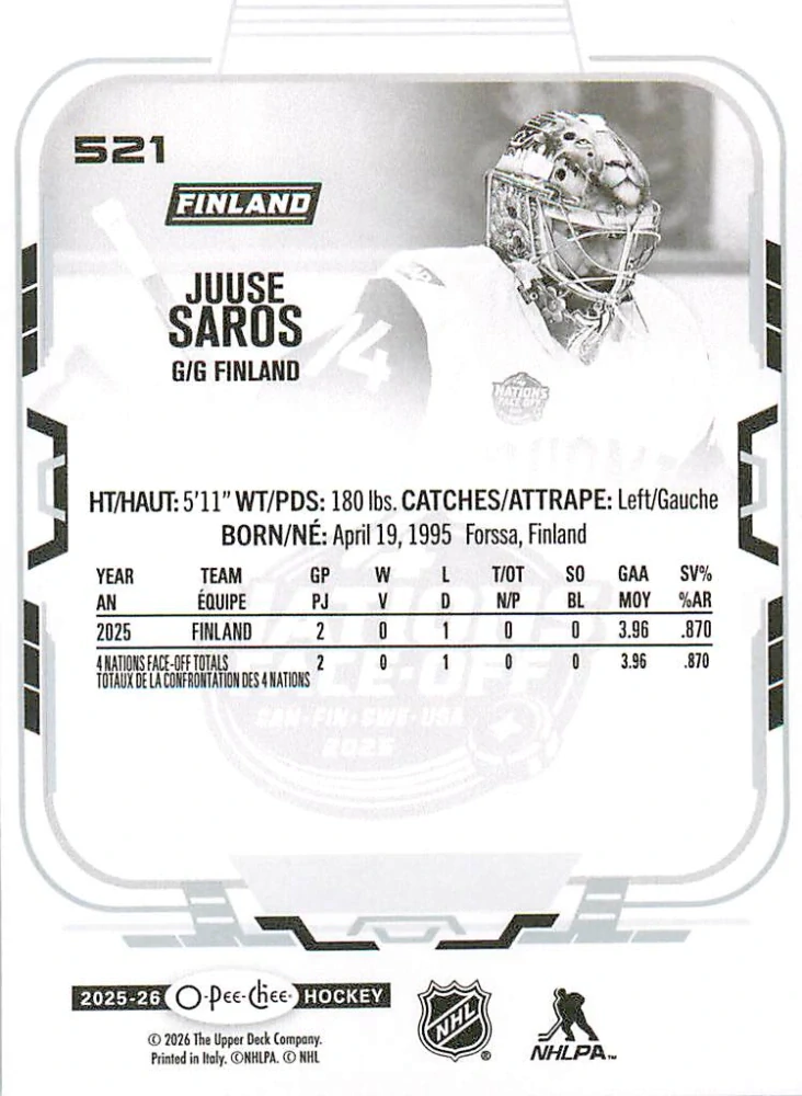 2025-26 UD O-Pee-Chee - Juuse Saros - 4 Nations Face Off #521