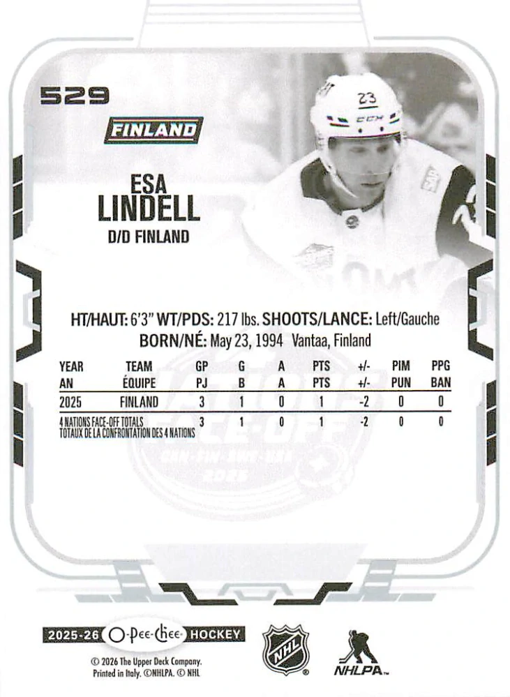 2025-26 UD O-Pee-Chee - Esa Lindell - 4 Nations Face Off #529