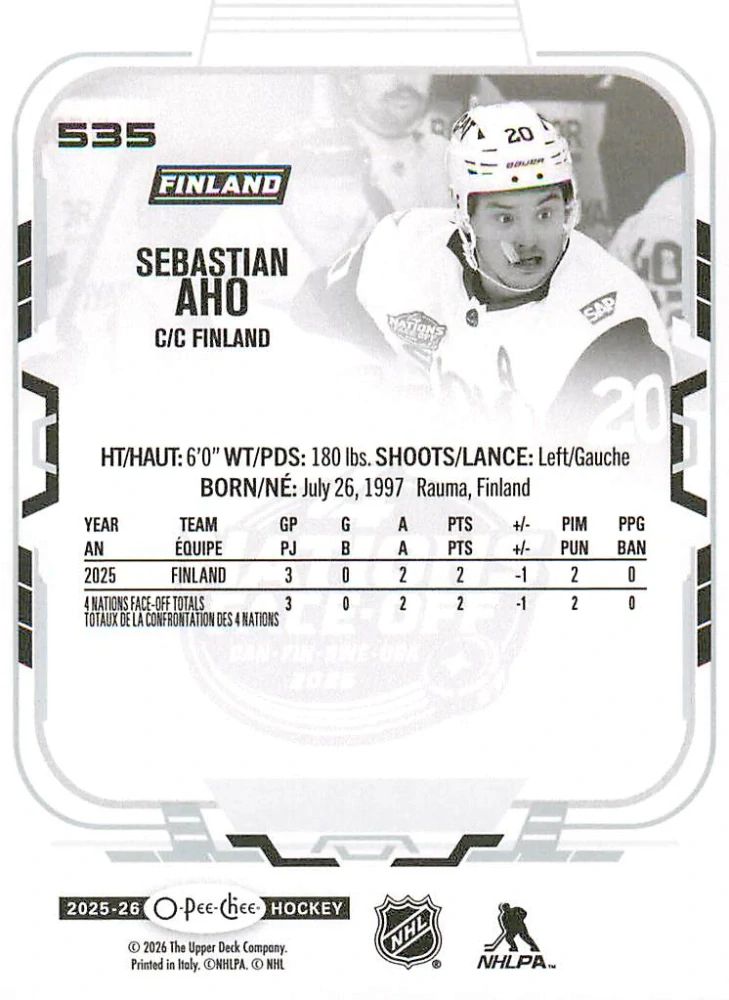 2025-26 UD O-Pee-Chee - Sebastian Aho - 4 Nations Face Off #535