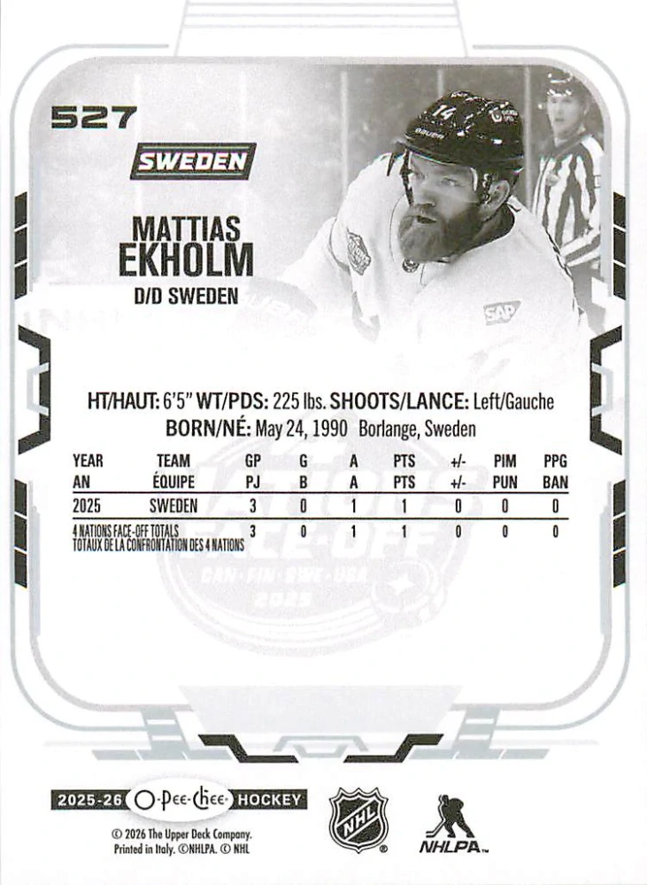 2025-26 UD O-Pee-Chee - Mattias Ekholm - 4 Nations Face Off #527