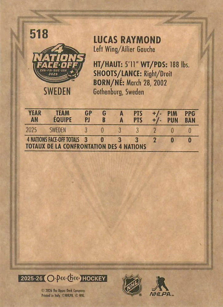 2025-26 UD O-Pee-Chee - Lucas Raymond - 4 Nations Face Off - Retro #518