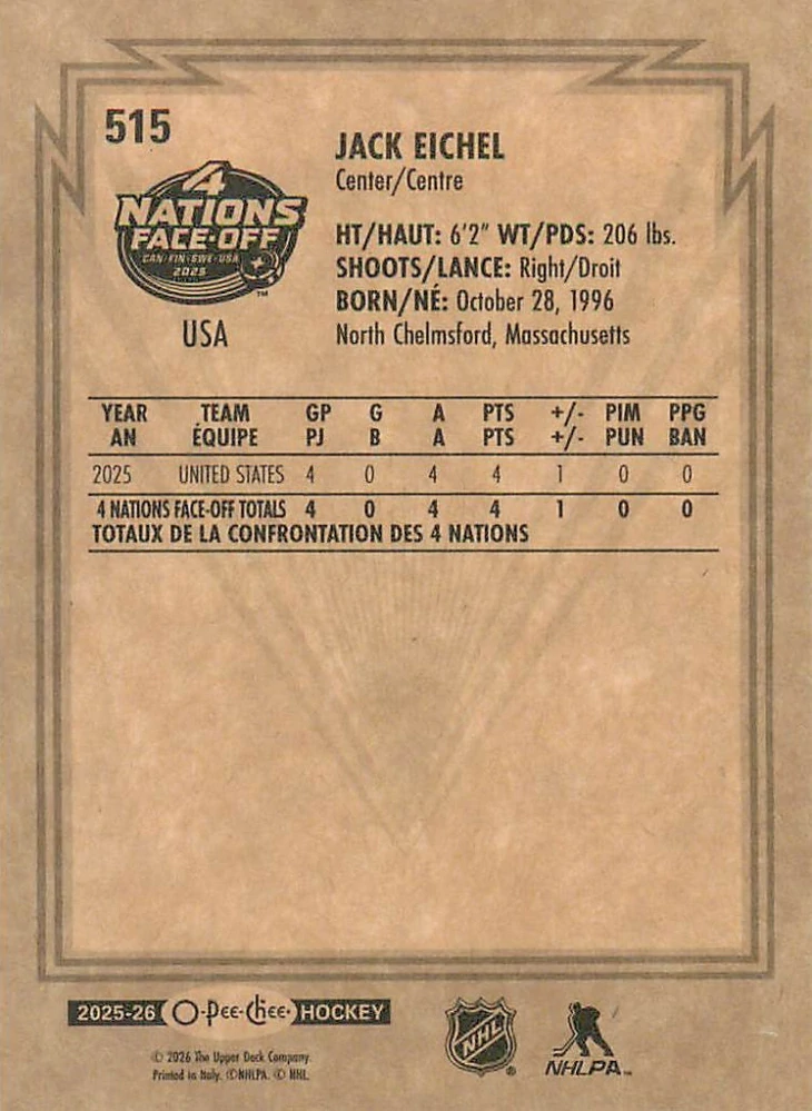 2025-26 UD O-Pee-Chee - Jack Eichel - 4 Nations Face Off - Retro #515