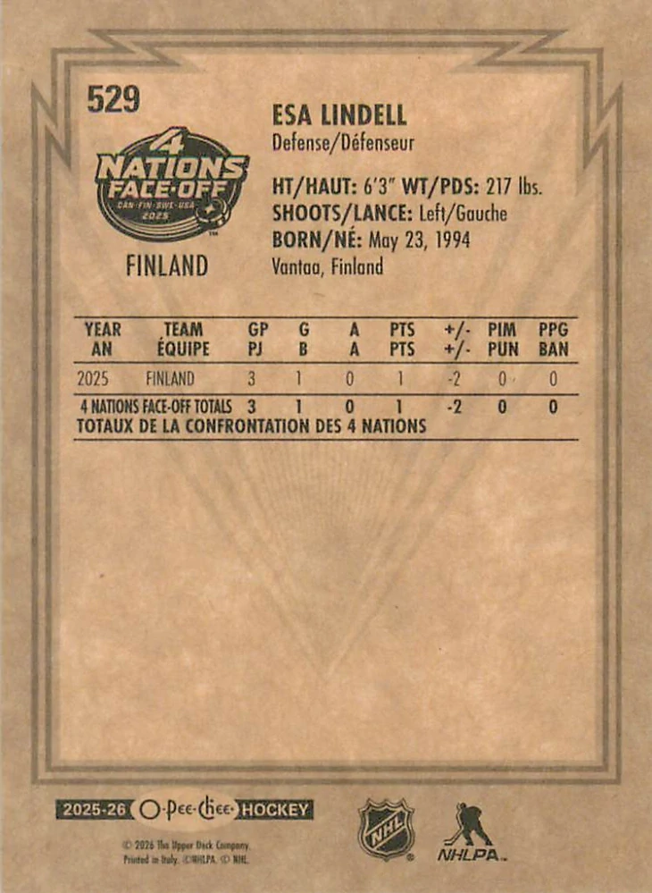 2025-26 UD O-Pee-Chee - Esa Lindell - 4 Nations Face Off - Retro #529