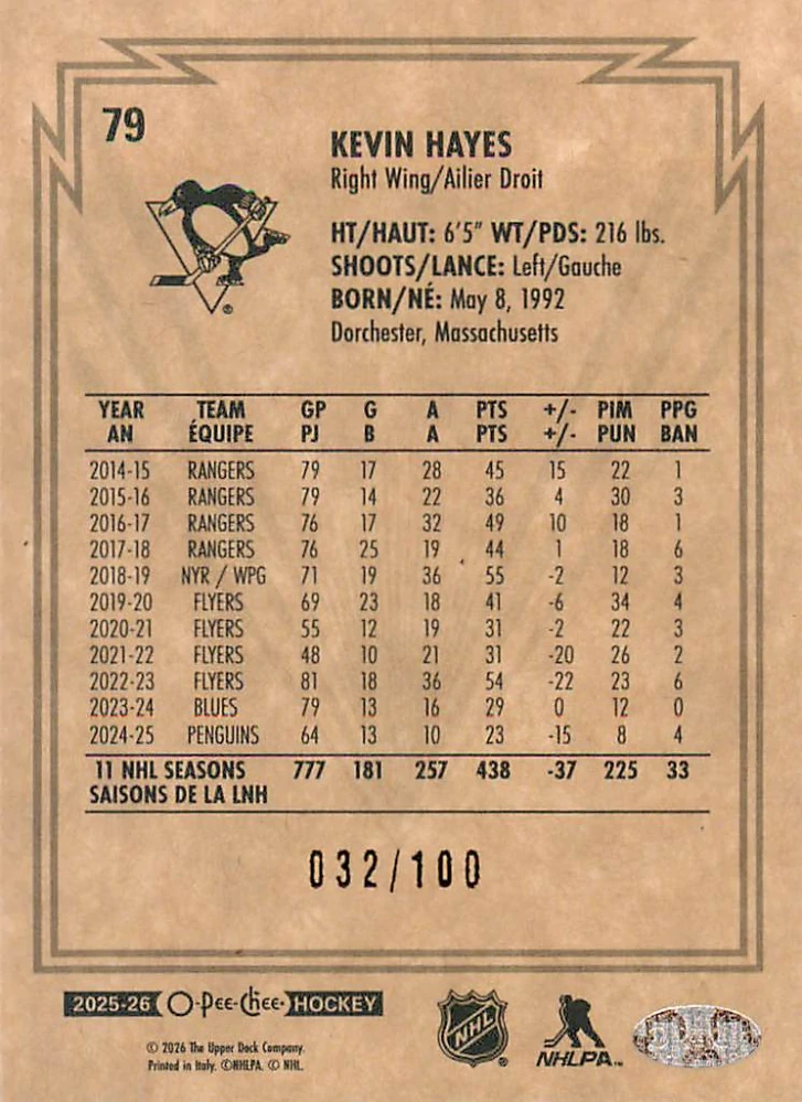 2025-26 UD O-Pee-Chee - Kevin Hayes - Retro Black Border /100 #79