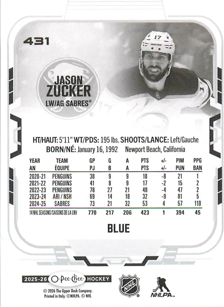2025-26 UD O-Pee-Chee - Jason Zucker - Blue Border #431