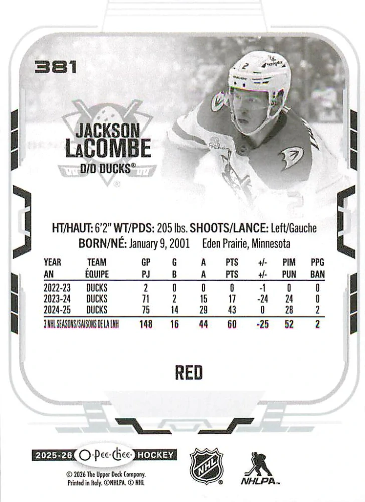 2025-26 UD O-Pee-Chee - Jackson LaCombe - Red Border #381