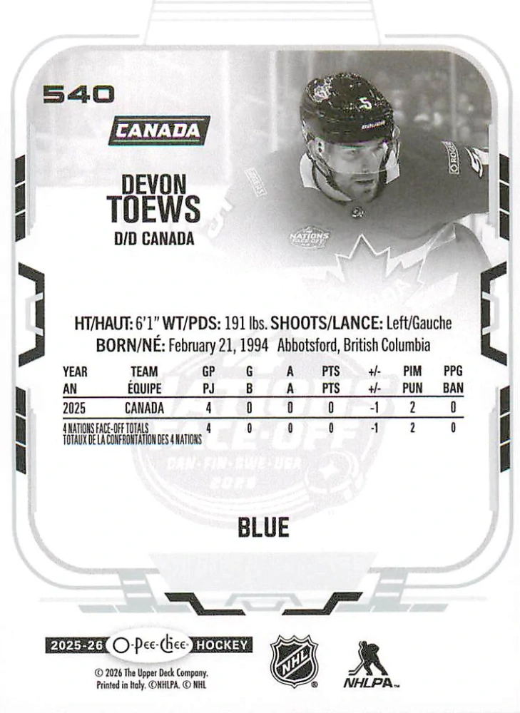 2025-26 UD O-Pee-Chee - Devon Toews - 4 Nations Face Off - Blue Border #540