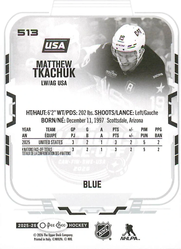 2025-26 UD O-Pee-Chee - Matthew Tkachuk - 4 Nations Face Off - Blue Border #513