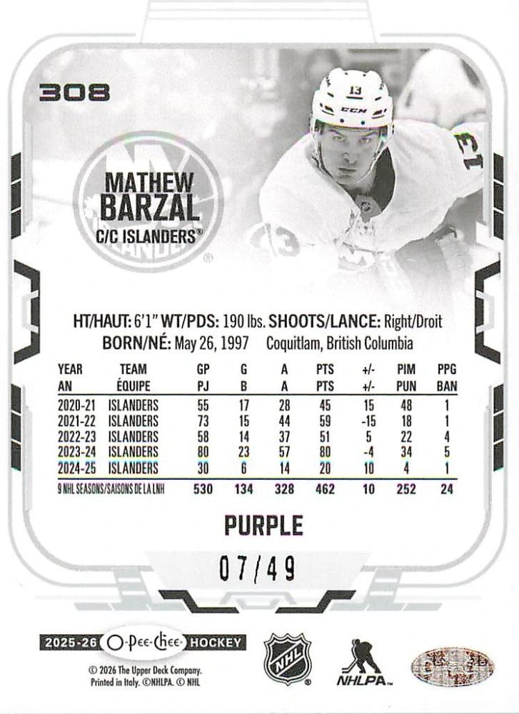 2025-26 UD O-Pee-Chee - Mathew Barzal - Purple Border /49 #308