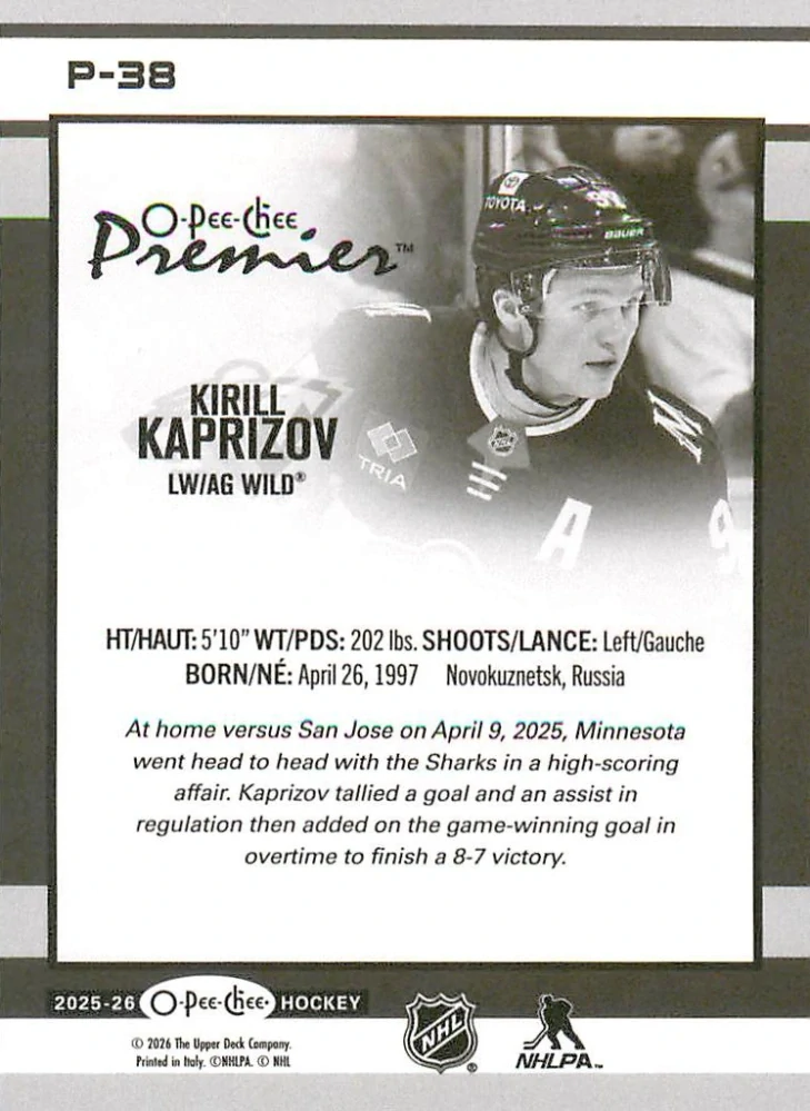 2025-26 UD O-Pee-Chee - Kirill Kaprizov - O-Pee-Chee Premier #P-38