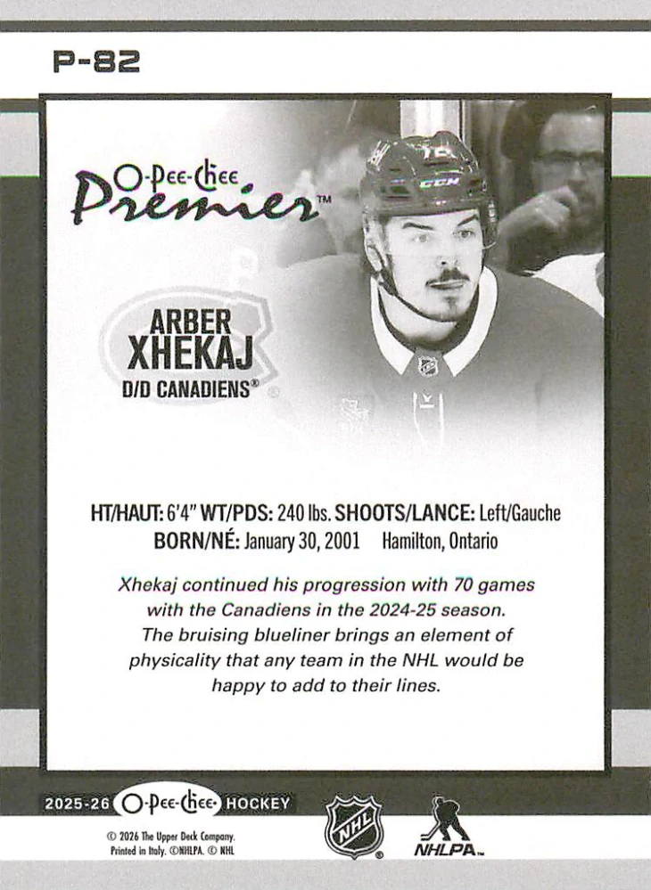 2025-26 UD O-Pee-Chee - Arber Xhekaj - O-Pee-Chee Premier #P-82