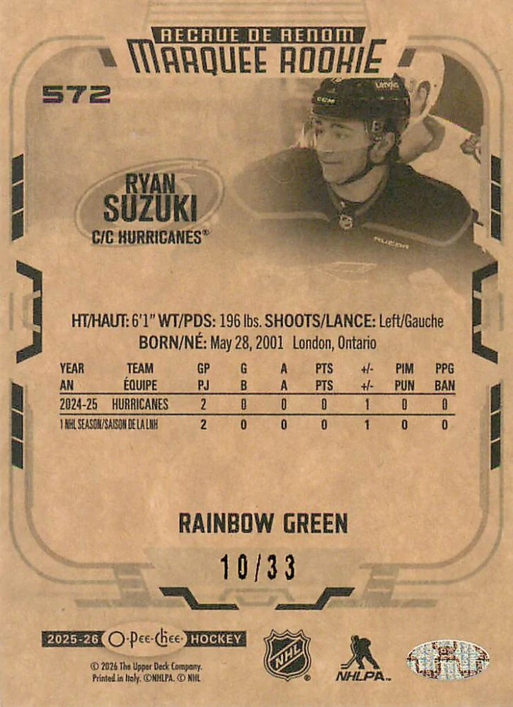 2025-26 UD O-Pee-Chee - Ryan Suzuki - Marquee Rookie Rainbow Green /33 #572