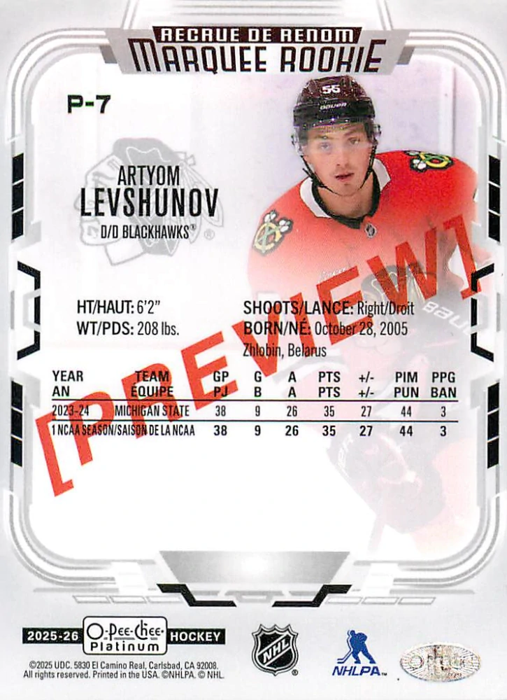 2025-26 UD O-Pee-Chee - Artyom Levshunov - Marquee Rookie - O-Pee-Chee Platinum Preview #P-7