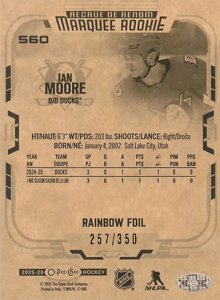 2025-26 UD O-Pee-Chee - Ian Moore - Marquee Rookie Rainbow Foil /350 #560