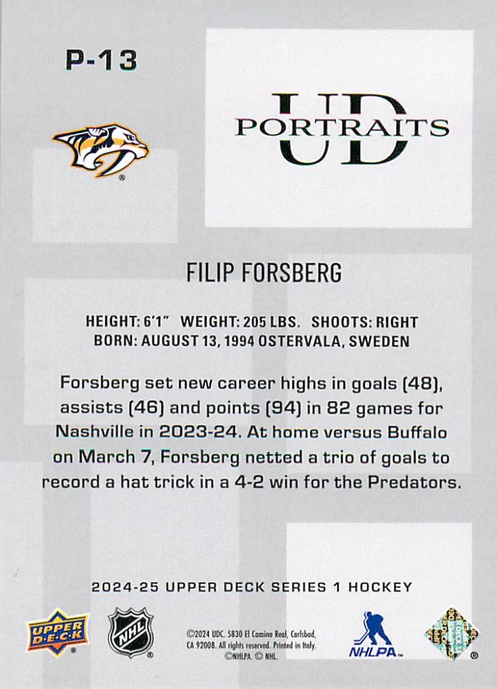 2024-25 UD Series 1 - Filip Forsberg - UD Portraits #P-13
