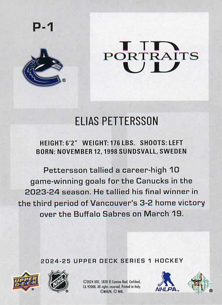 2024-25 UD Series 1 - Elias Pettersson - UD Portraits #P-1