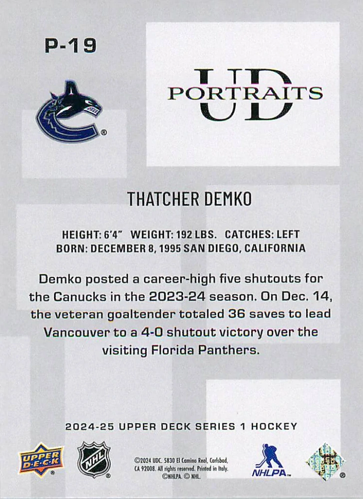 2024-25 UD Series 1 - Thatcher Demko - UD Portraits #P-19