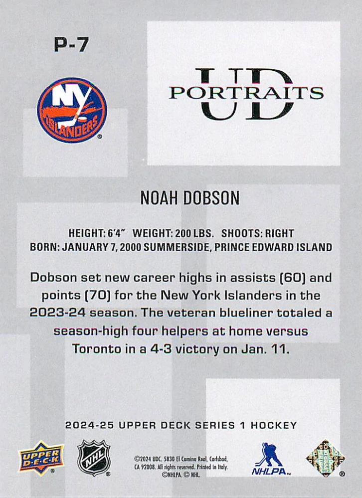 2024-25 UD Series 1 - Noah Dobson - UD Portraits #P-7