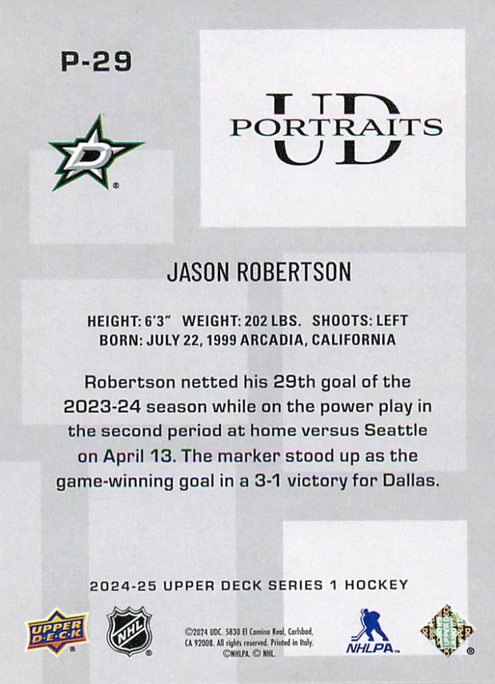 2024-25 UD Series 1 - Jason Robertson - UD Portraits #P-29