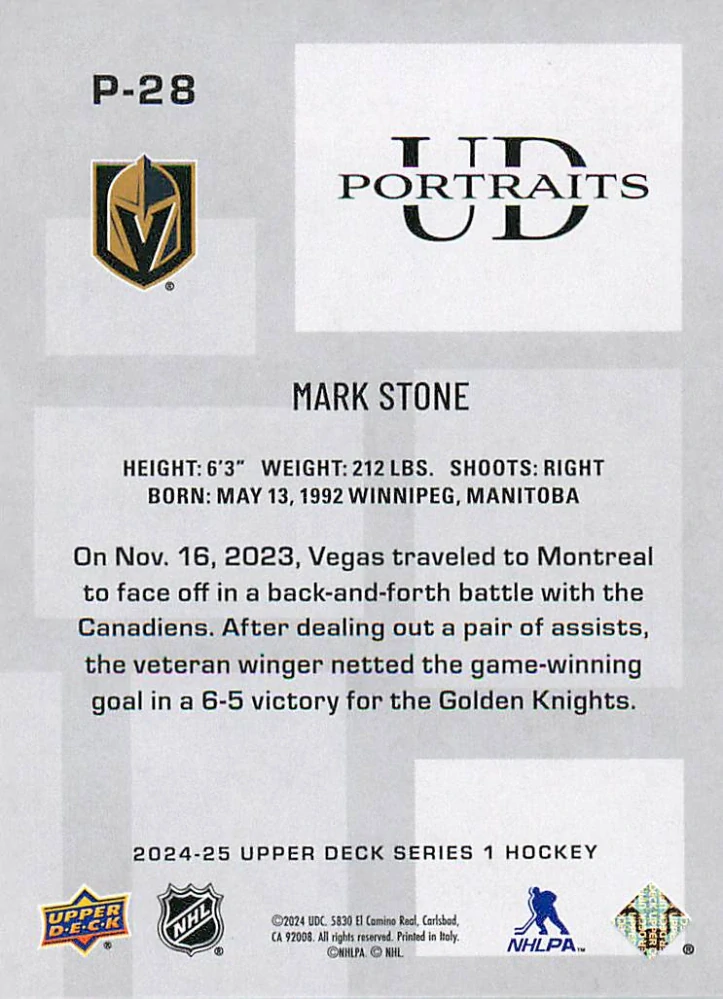 2024-25 UD Series 1 - Mark Stone - UD Portraits #P-28