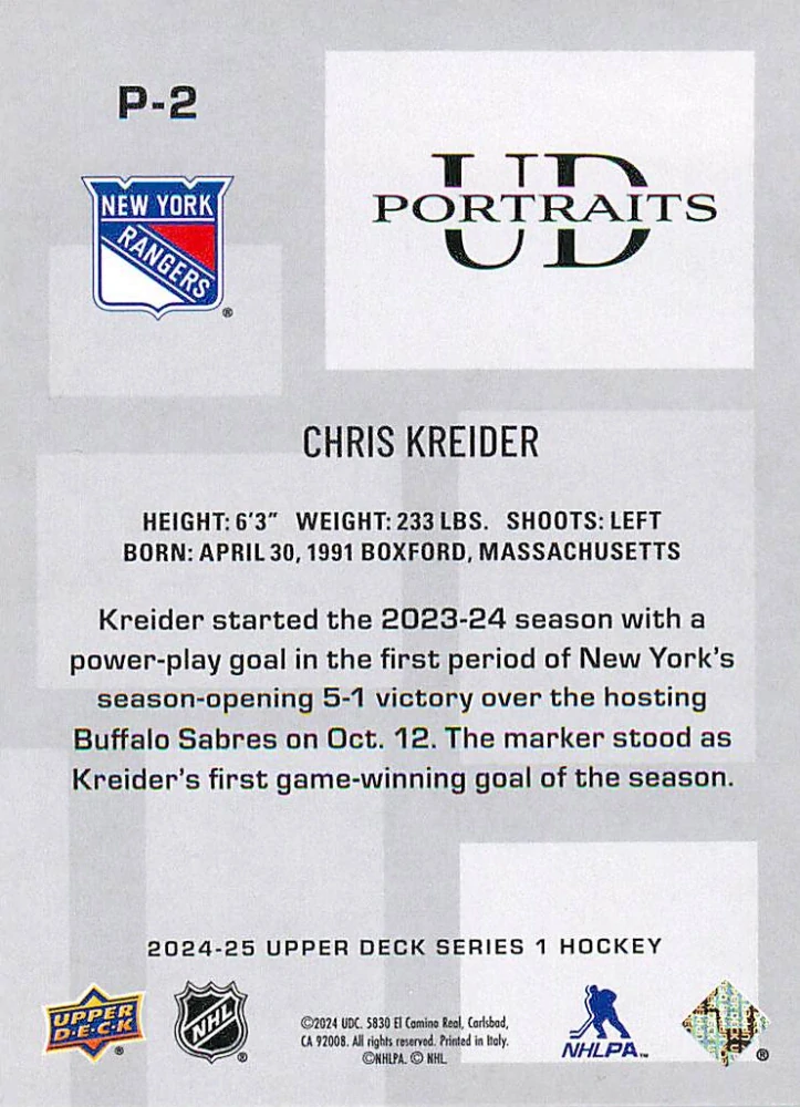 2024-25 UD Series 1 - Chris Kreider - UD Portraits #P-2