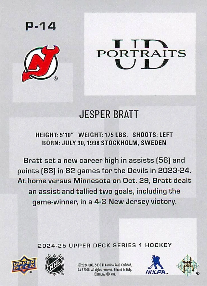 2024-25 UD Series 1 - Jesper Bratt - UD Portraits #P-14