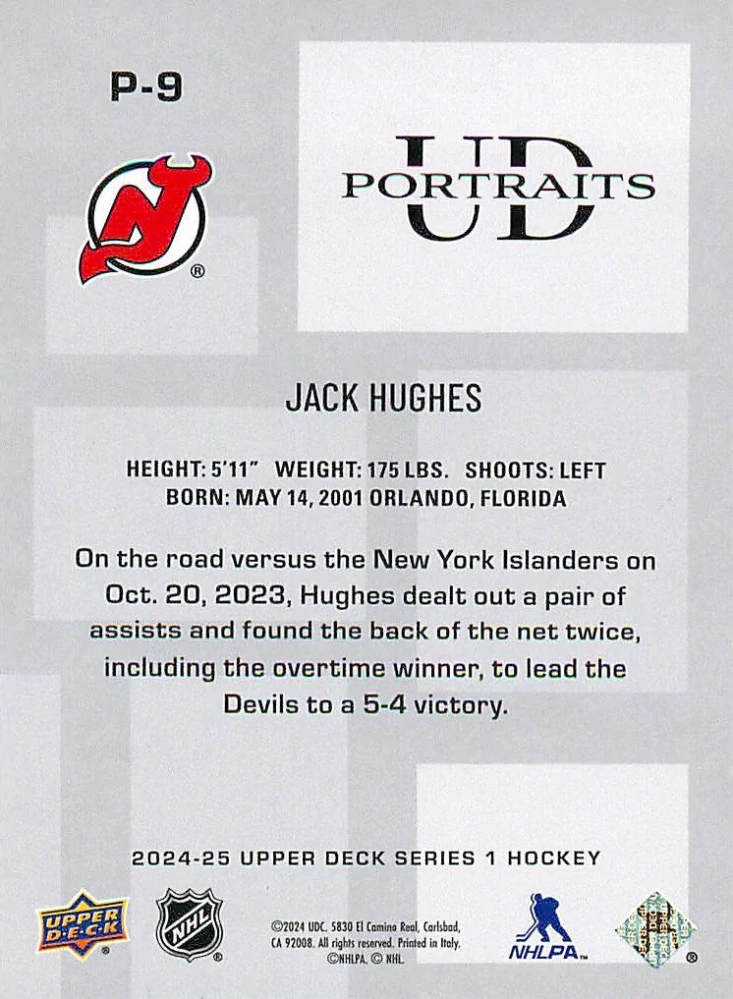 2024-25 UD Series 1 - Jack Hughes - UD Portraits #P-9