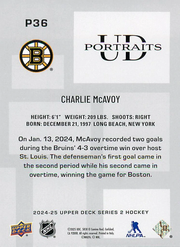 2024-25 UD Series 2 - Charlie McAvoy - UD Portraits #P36